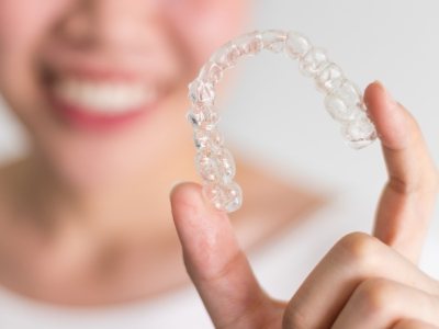 Smiling person holding an Invisalign clear aligner